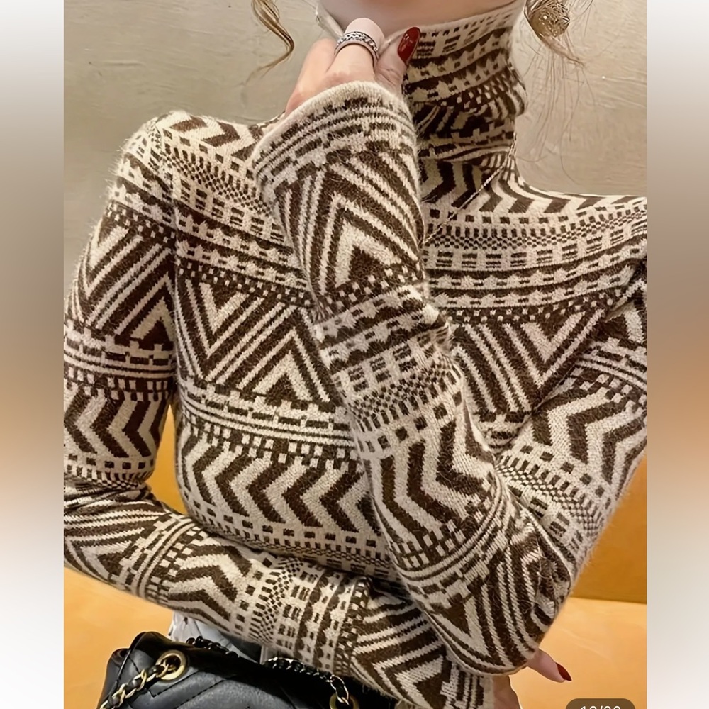 Turtleneck Cowl Sweater in Brown & Cream - Women